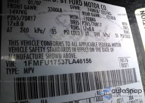 2007 Ford Expedition Eddie Bauer from USA, damaged, VIN 1FMFU17537LA46156